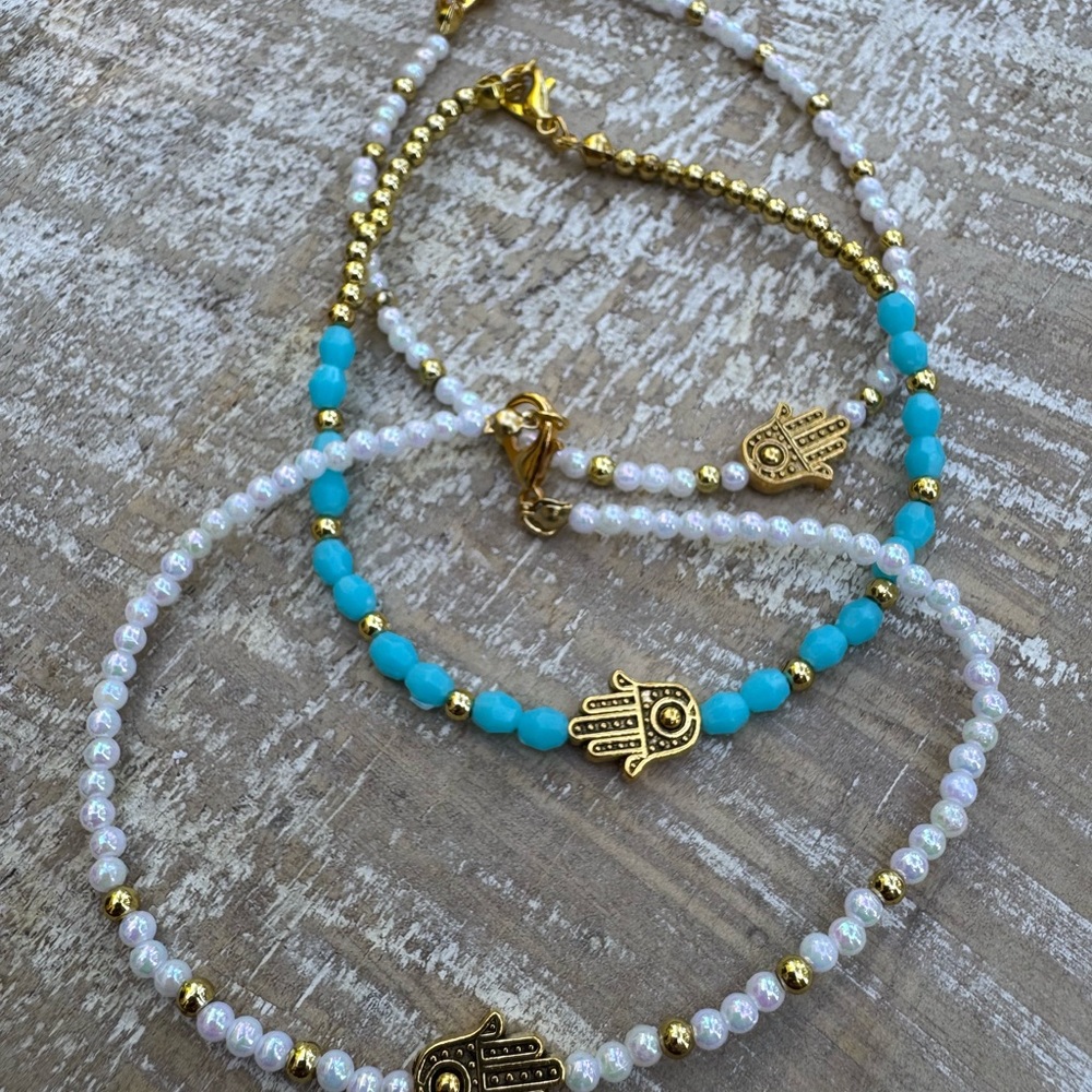 Set of 3 New Handmade white & Gold and Turquoise Hamsa Bracelet Set